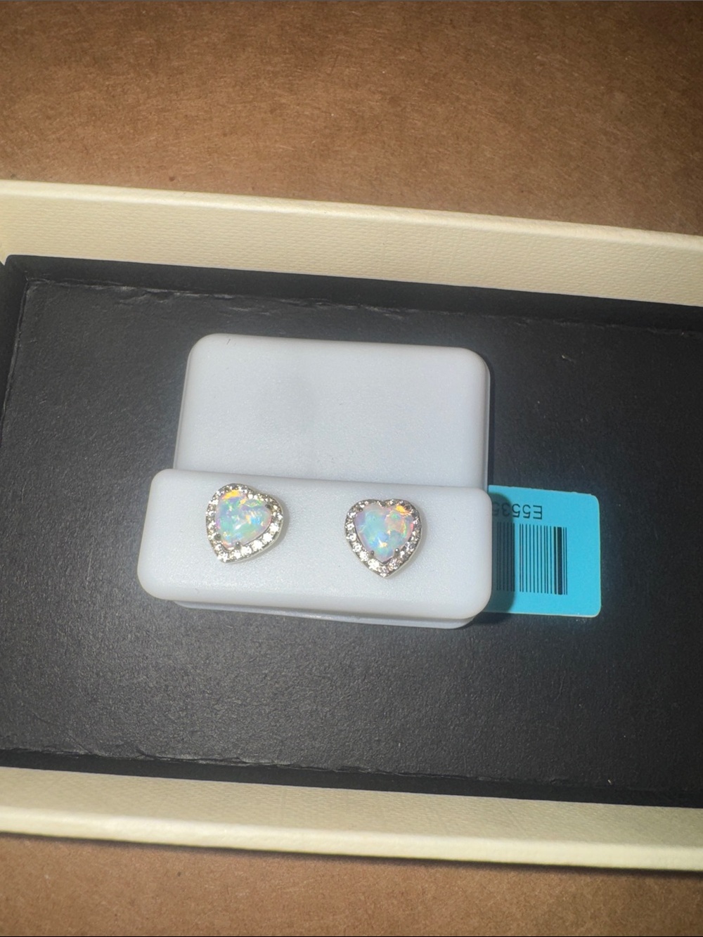 6mm Heart White Opal, Sterling Silver 1.8 CTTW Moissanite Earrings